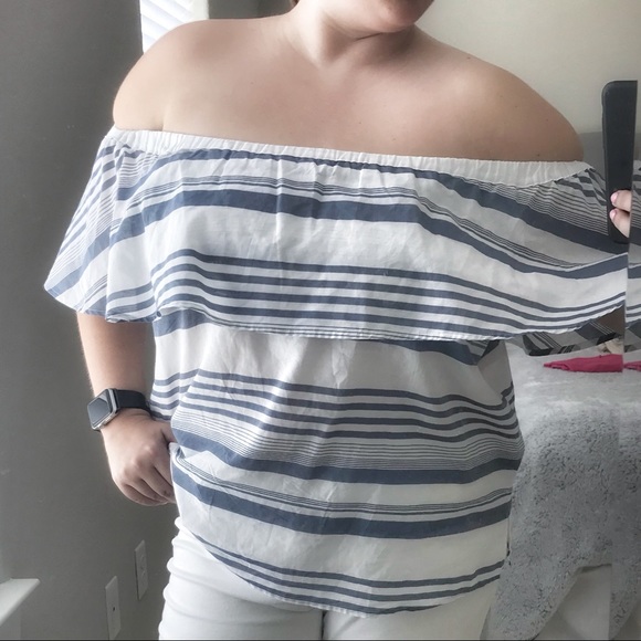 FINAL SALE - NWOT - Loft Blue & White Striped Off Shoulder Top - Picture 2 of 3